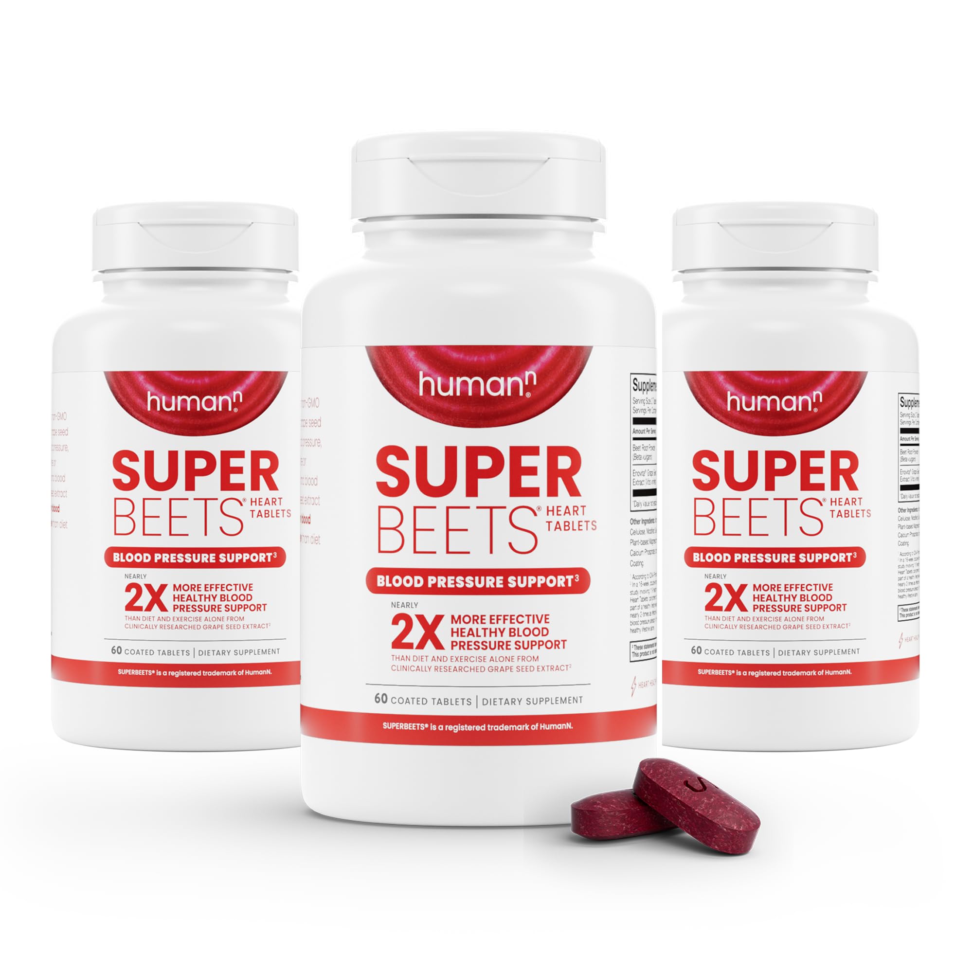 Humann SuperBeets Heart tablets bottle front with smooth coating for easy swallowing