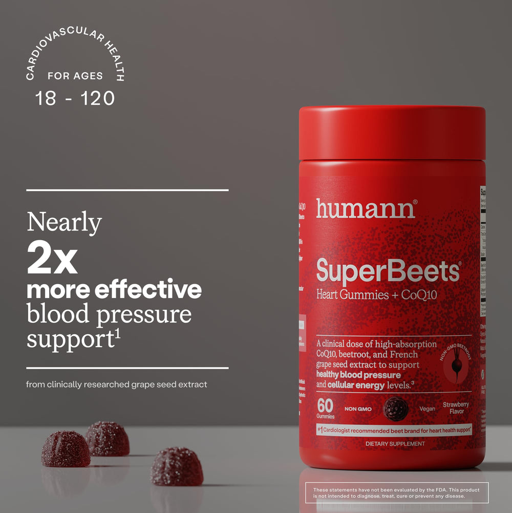 Humann SuperBeets beetroot formula pack emphasizes blood flow and cellular energy.