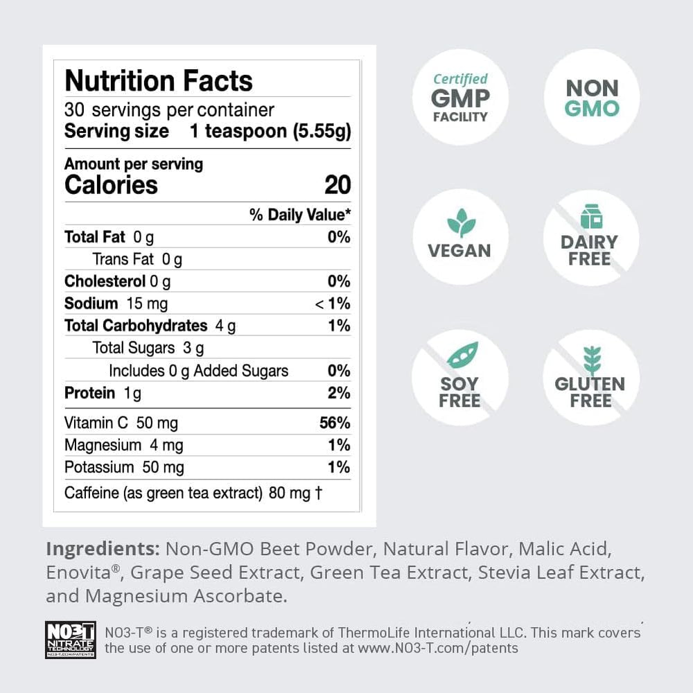 Humann SuperBeets Energy Plus green tea scoop shows caffeine source for alertness