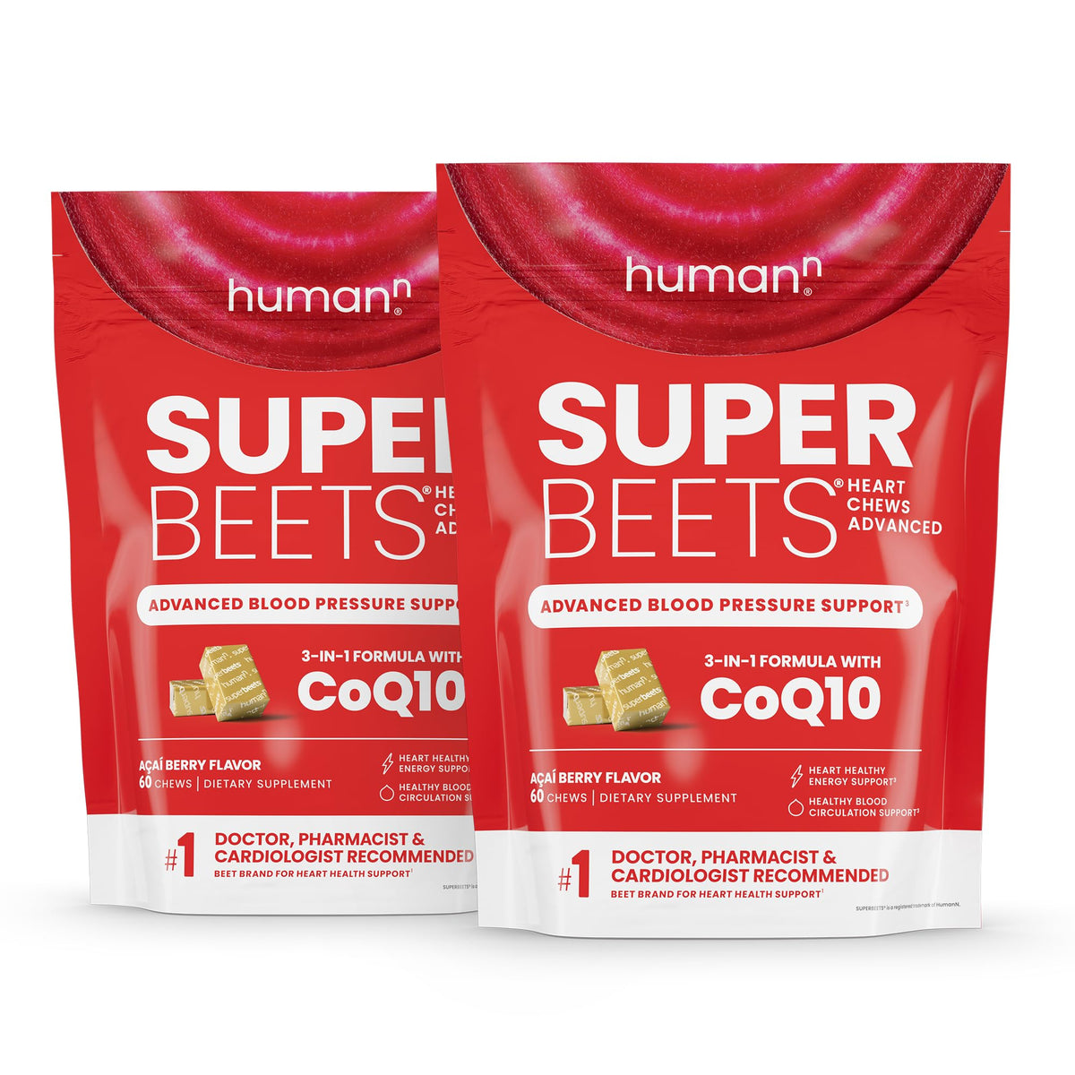 Humann SuperBeets Heart Chews Advanced bottle shows 120 chews with CoQ10 and beetroot blend