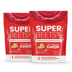 Humann SuperBeets Heart Chews Advanced bottle shows 120 chews with CoQ10 and beetroot blend