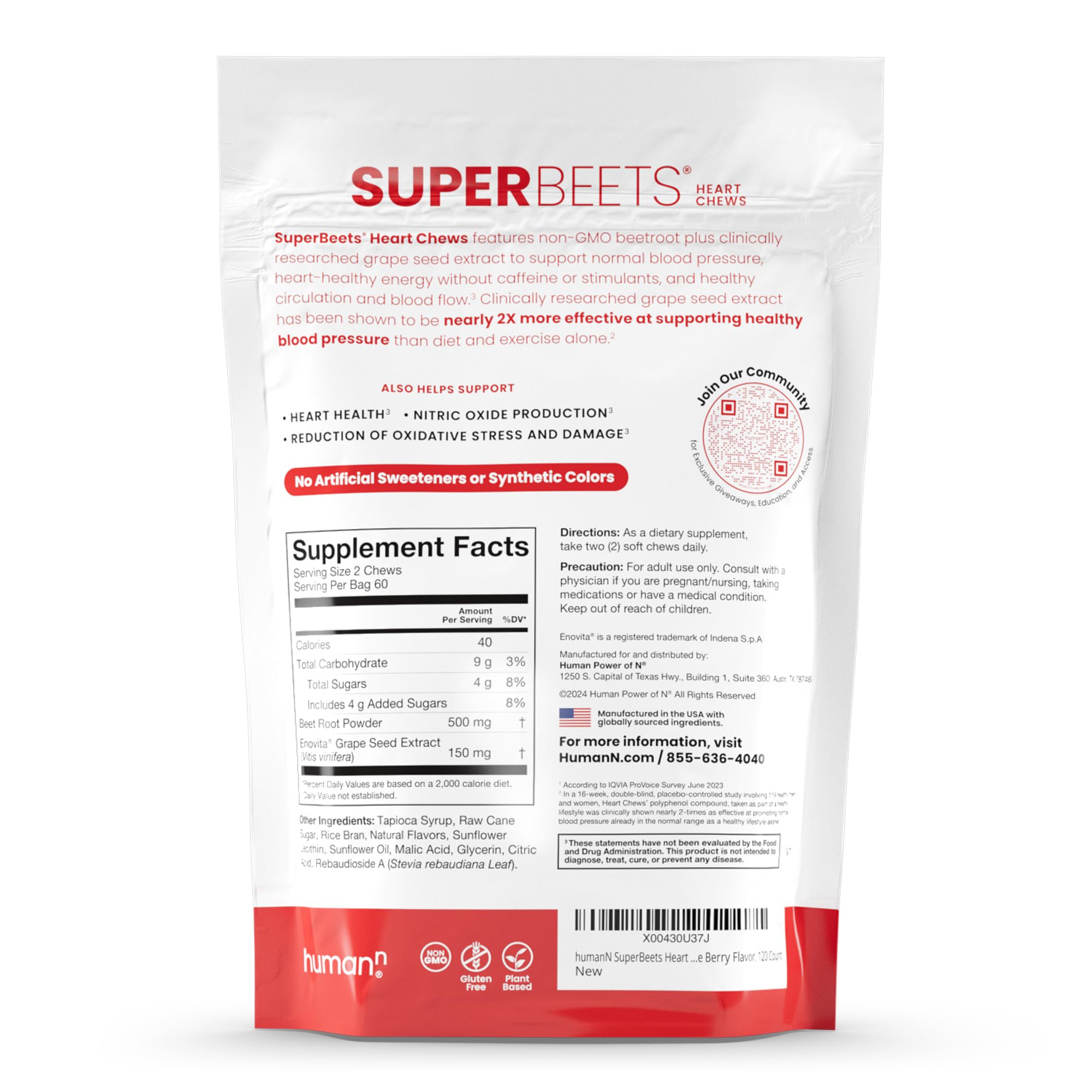 Humann SuperBeets Heart Chews label reveals French grape seed extract benefit.