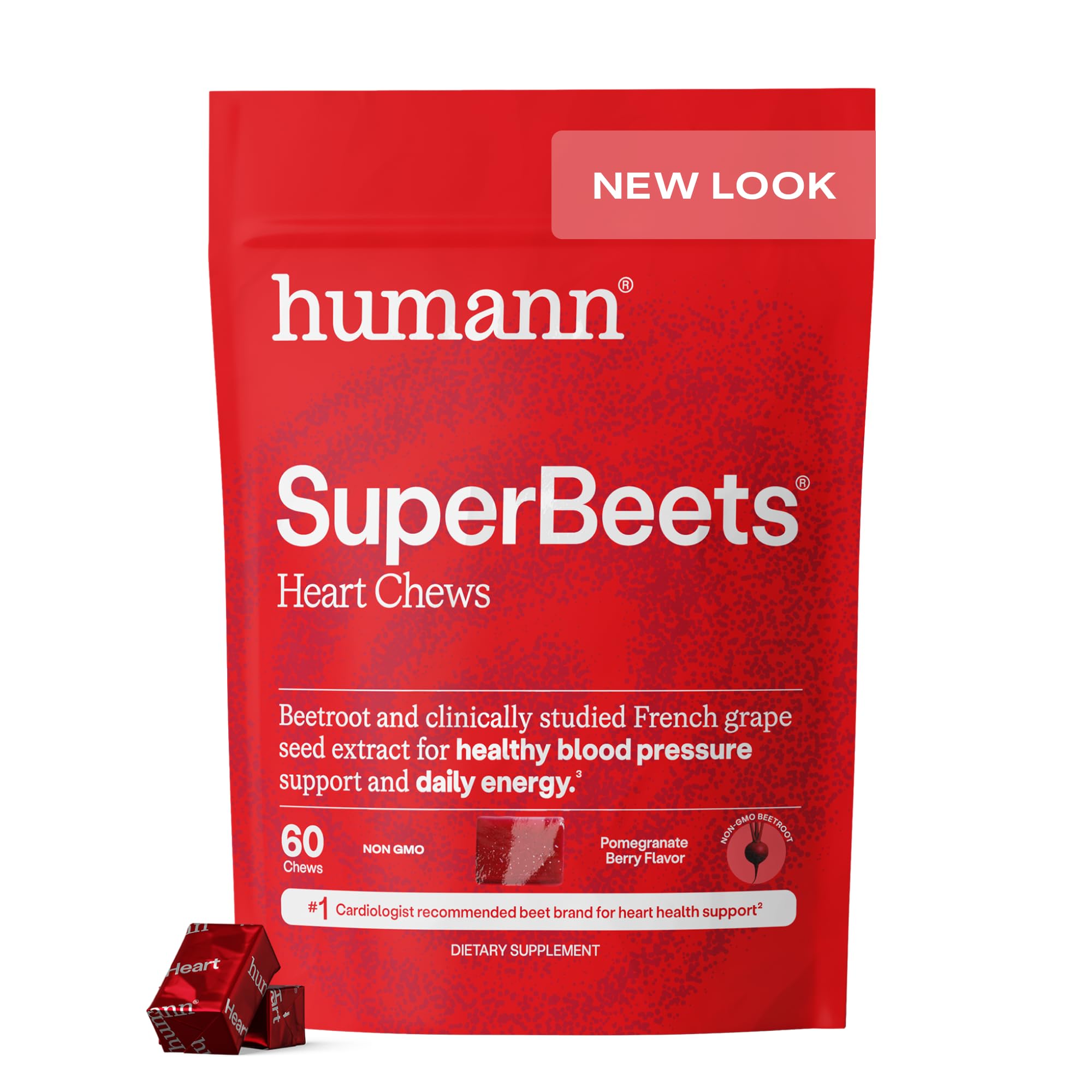Humann SuperBeets heart chews bottle showing key ingredients for daily support