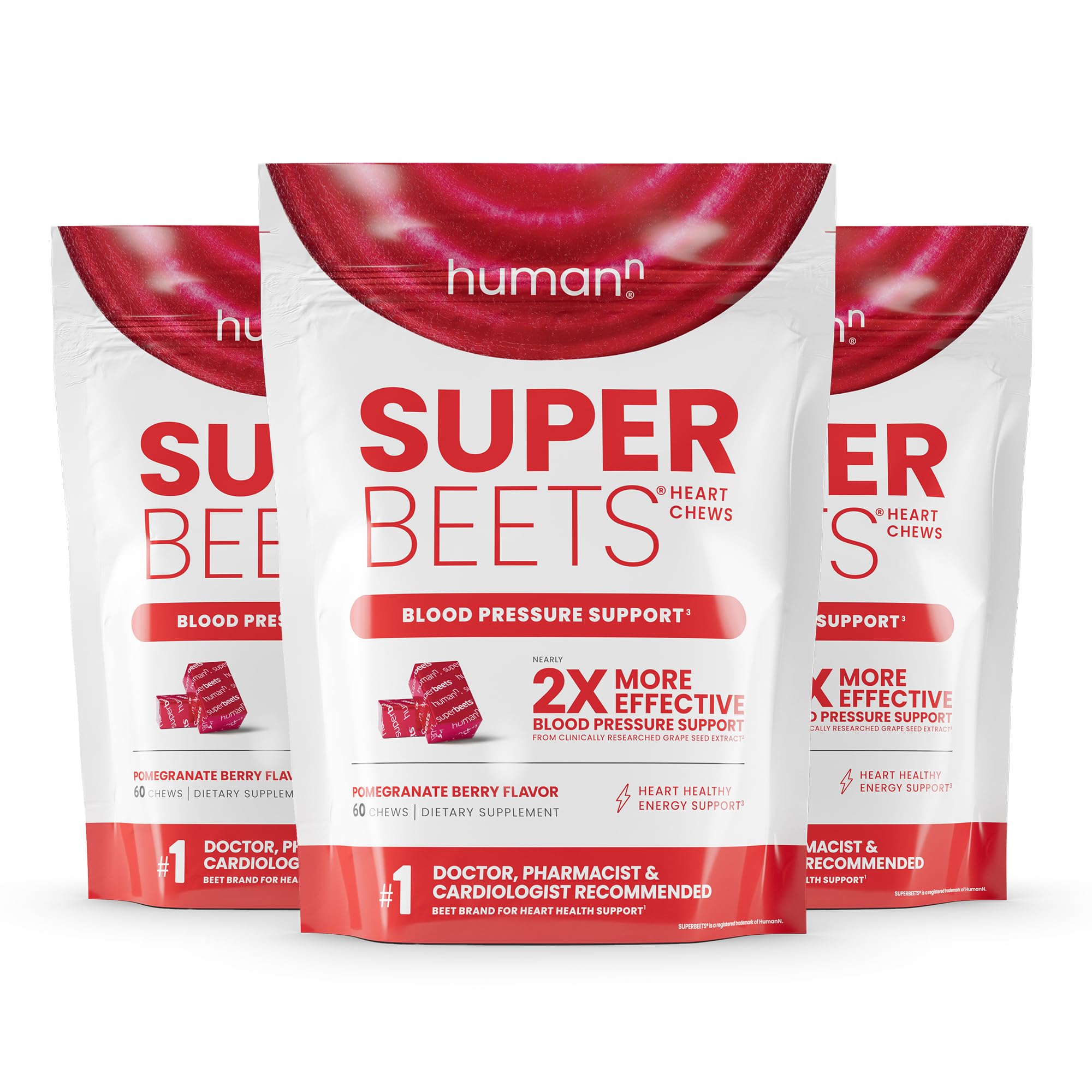 Humann SuperBeets Heart Chews front jar in pomegranate berry flavor for daily energy support