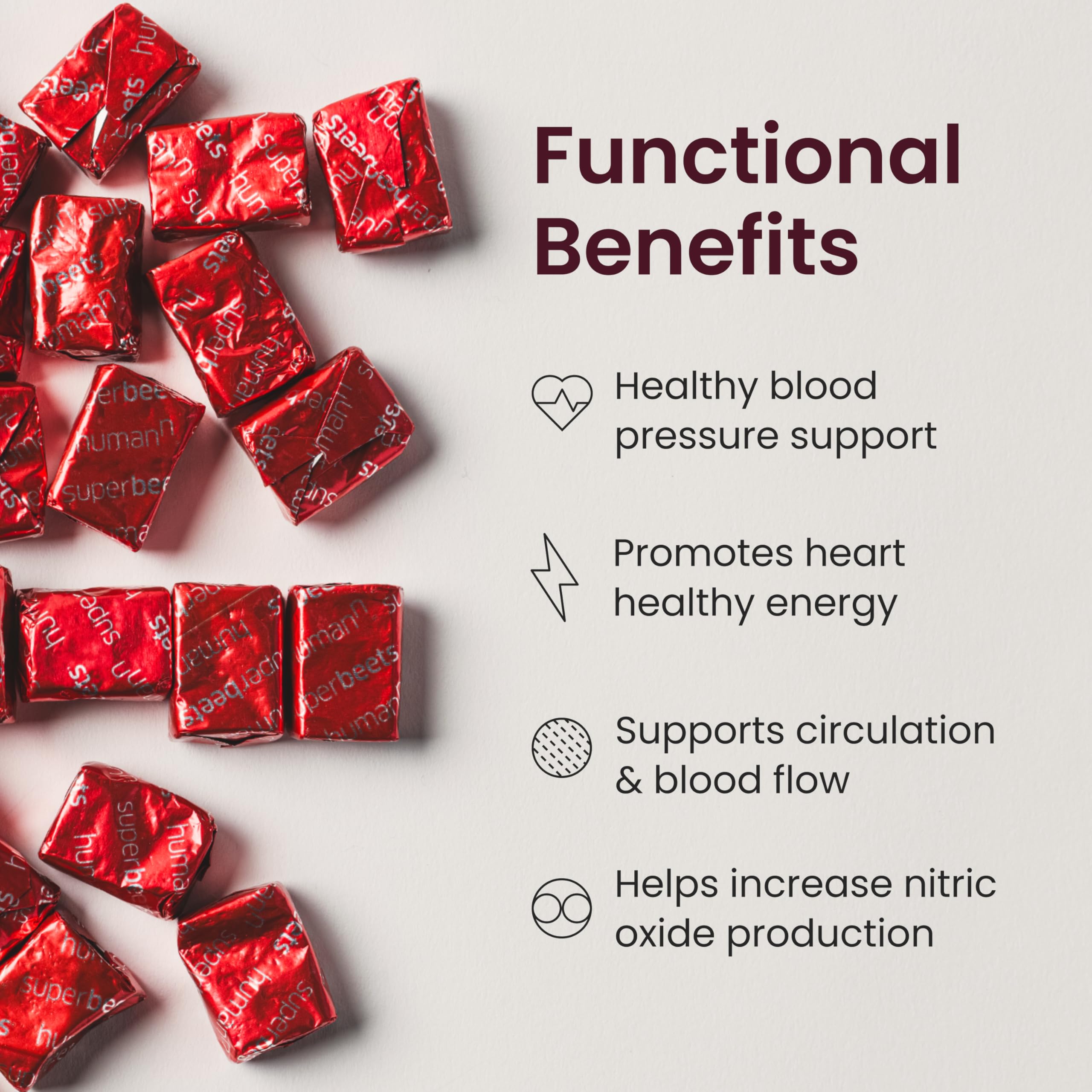 Humann SuperBeets Heart Chews label highlights grape seed extract for nitric oxide support.