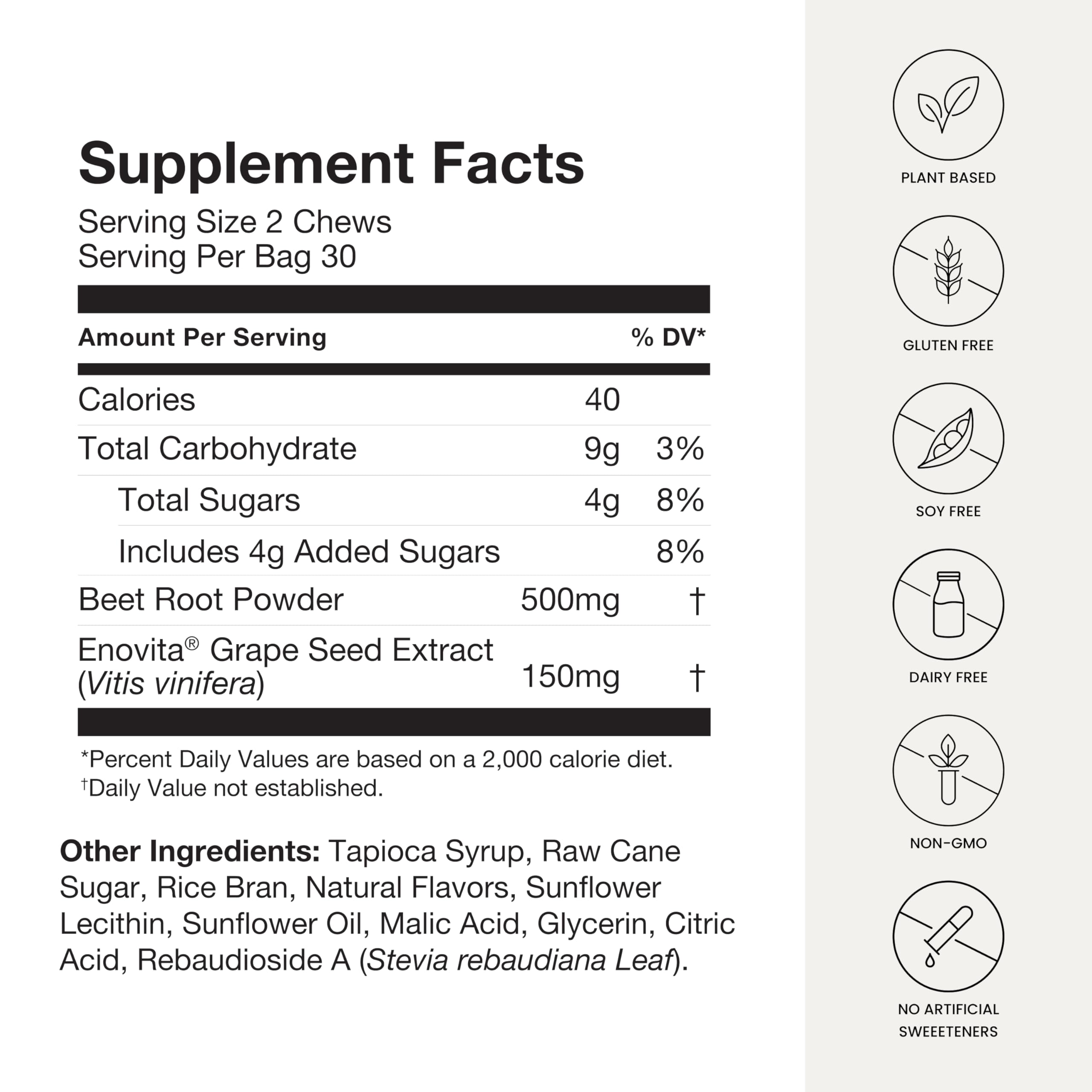 Humann SuperBeets Heart Chews non GMO ingredients emphasize plant based support.