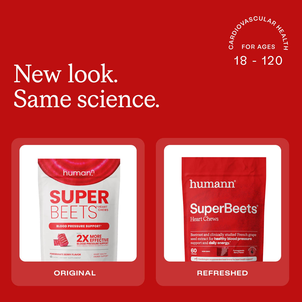 Humann SuperBeets packaging highlights plant-based, non-GMO formula for energy-friendly nutrition