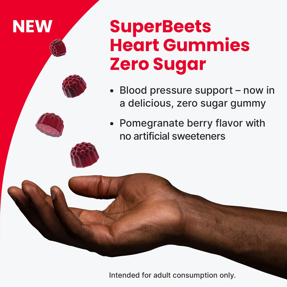 Grape seed extract and beetroot powder imagery underscore natural heart-friendly ingredients.