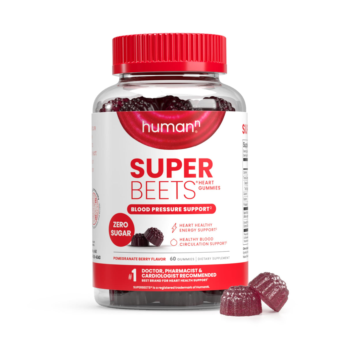 Humann SuperBeets Heart Gummies jar front highlighting sugar-free beet formula for energy support
