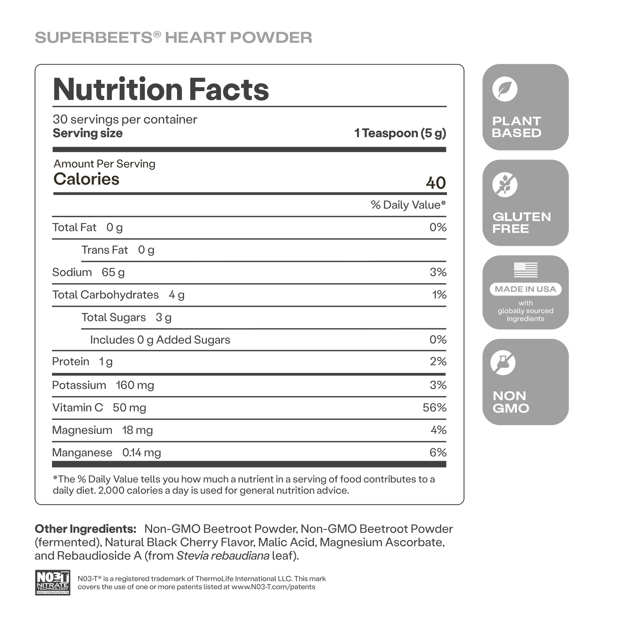 Humann SuperBeets ingredient list close-up emphasizes quality and non-GMO.