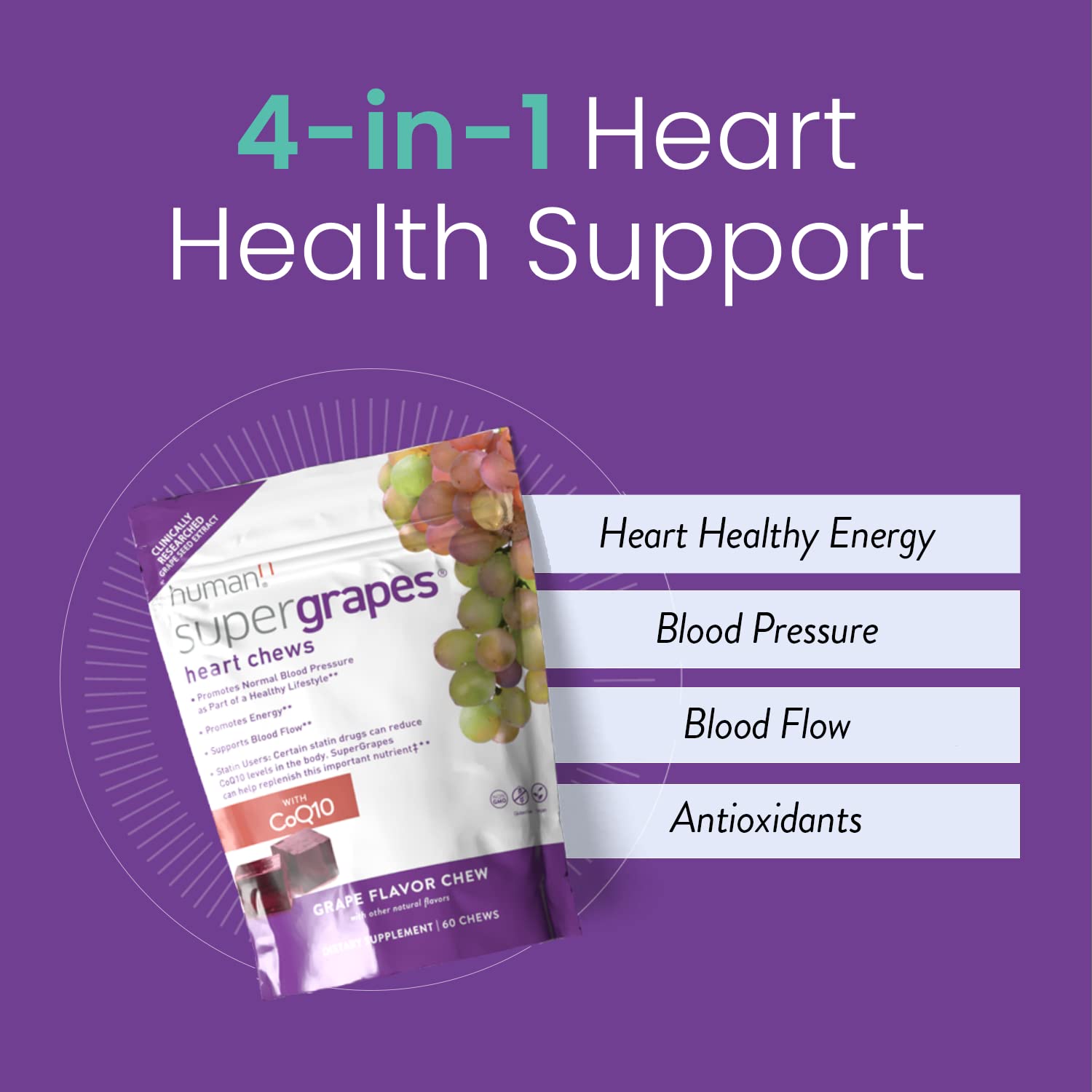 Humann SuperGrapes Chews label highlights CoQ10 and grape seed extract.