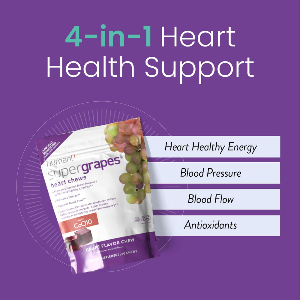 Humann SuperGrapes Chews label highlights CoQ10 and grape seed extract.