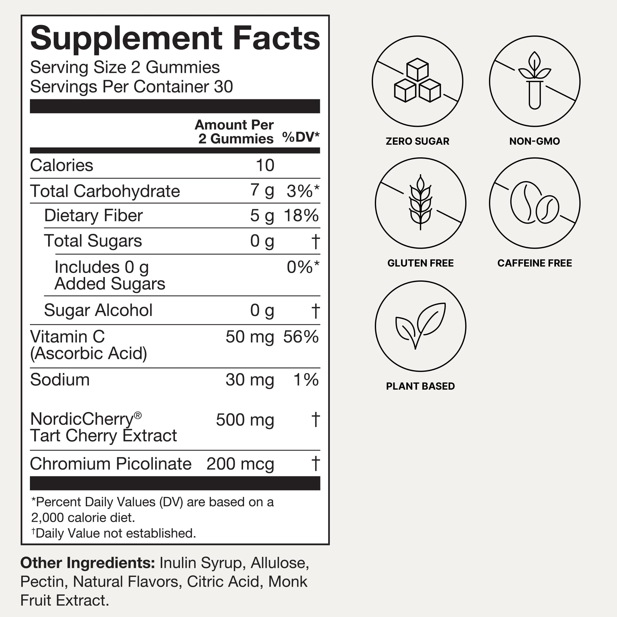 Gummy ingredients panel shows tart cherry extract and vitamin C.