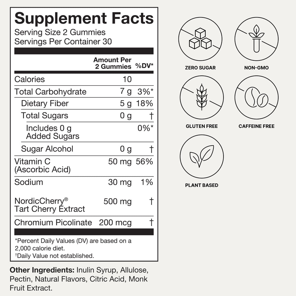 Gummy ingredients panel shows tart cherry extract and vitamin C.