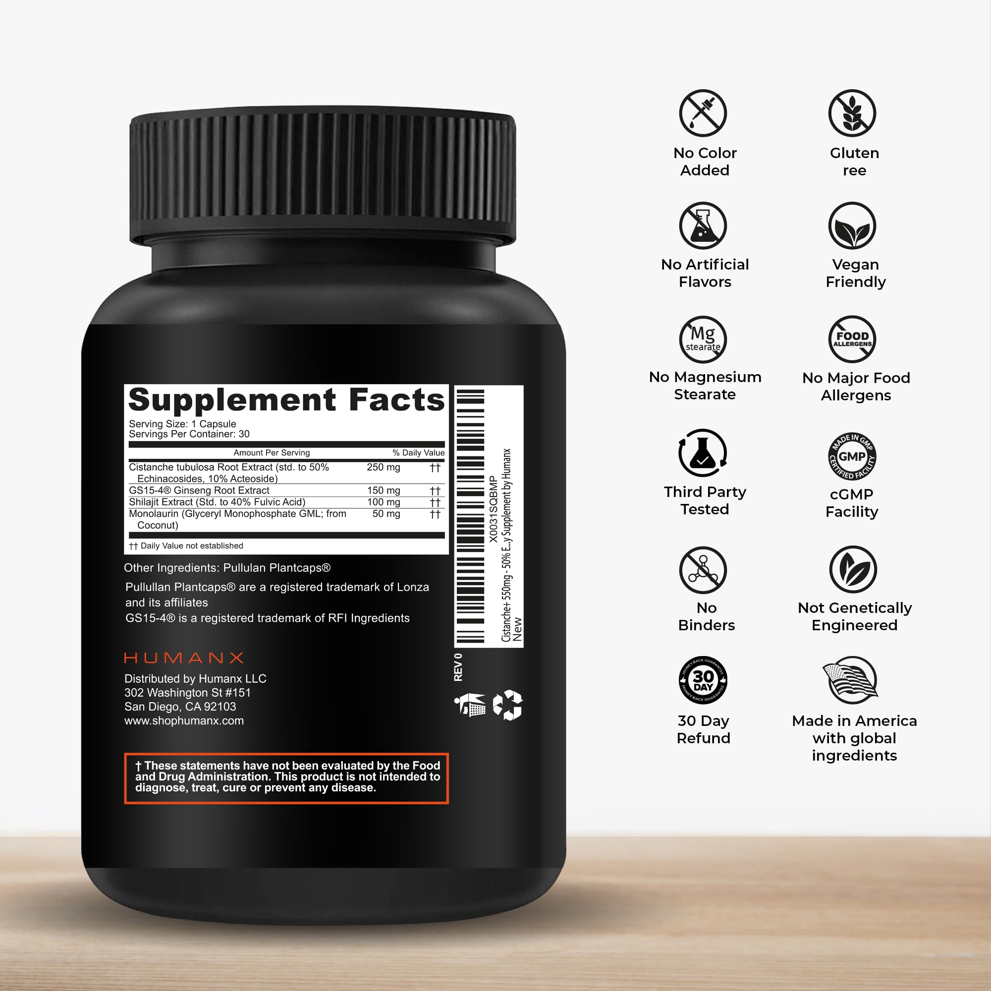 Humanx Cistanche+ capsules in pour view illustrate easy daily intake.