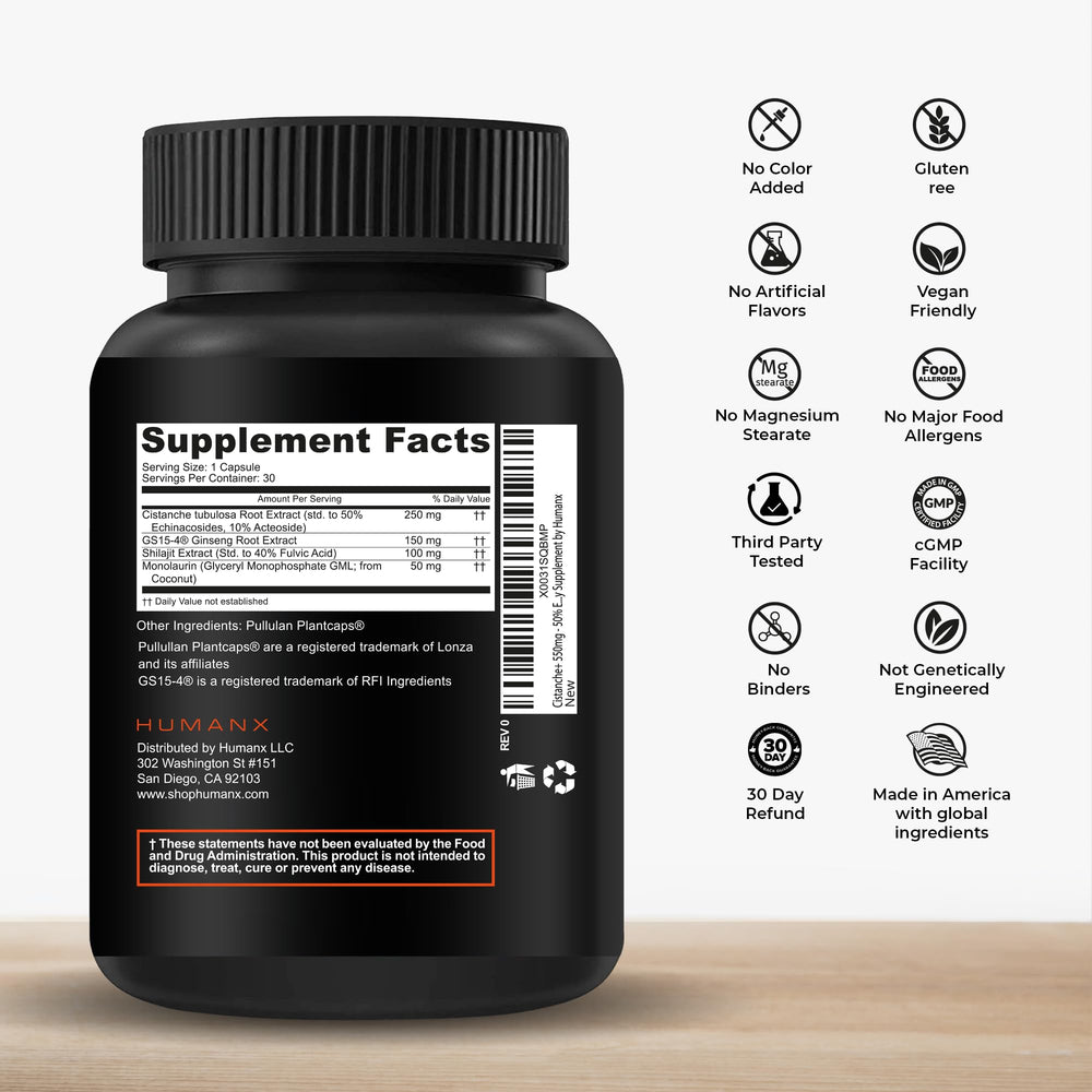 Humanx Cistanche+ capsules in pour view illustrate easy daily intake.
