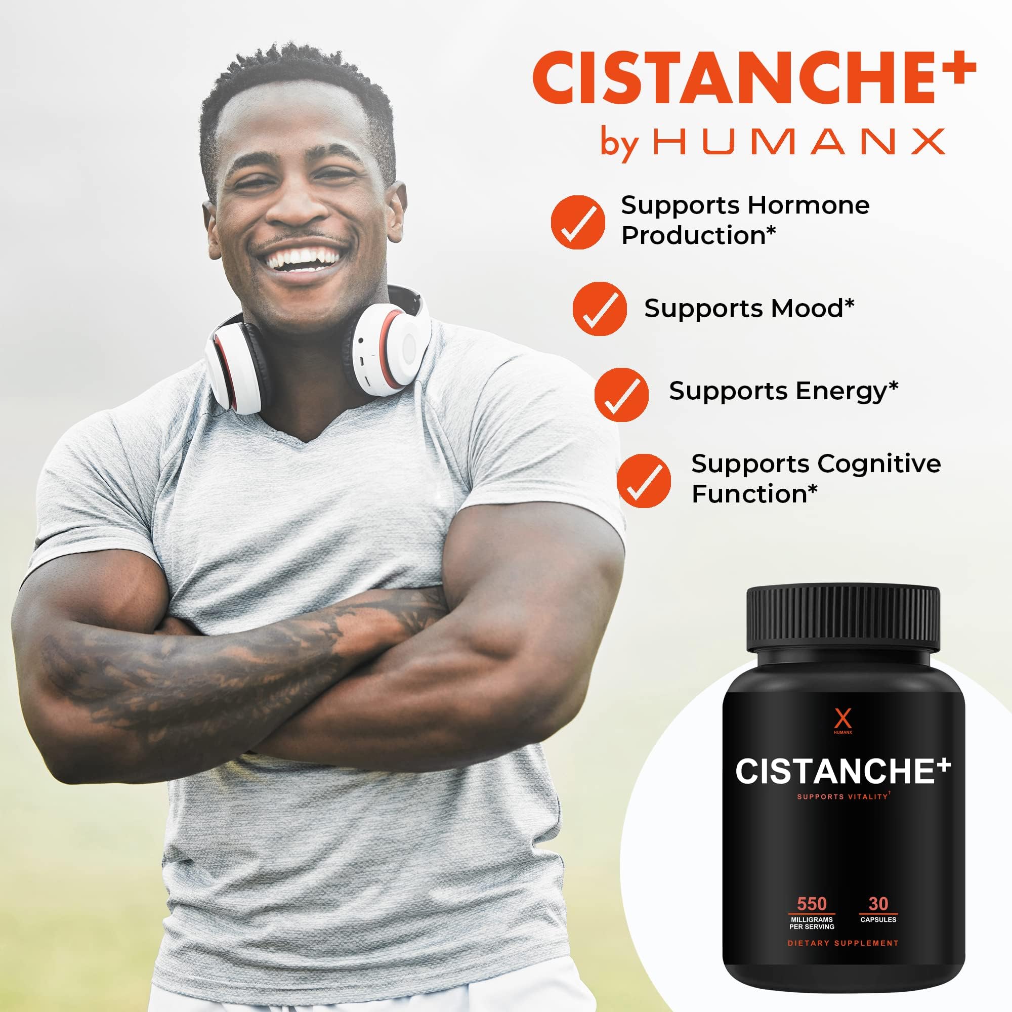 Humanx Cistanche+ label closeup emphasizes potency and USA-origin.