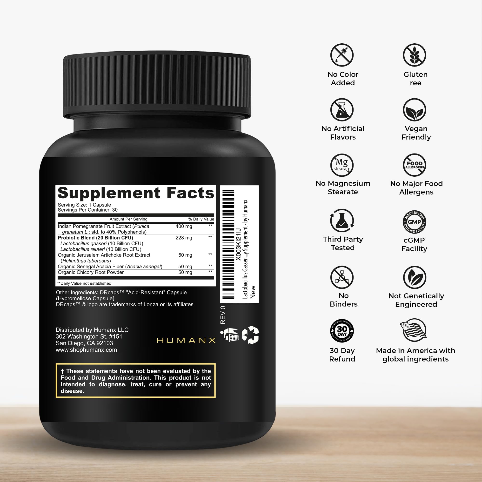 HUMANX capsules close-up shows delayed-release design for gut delivery