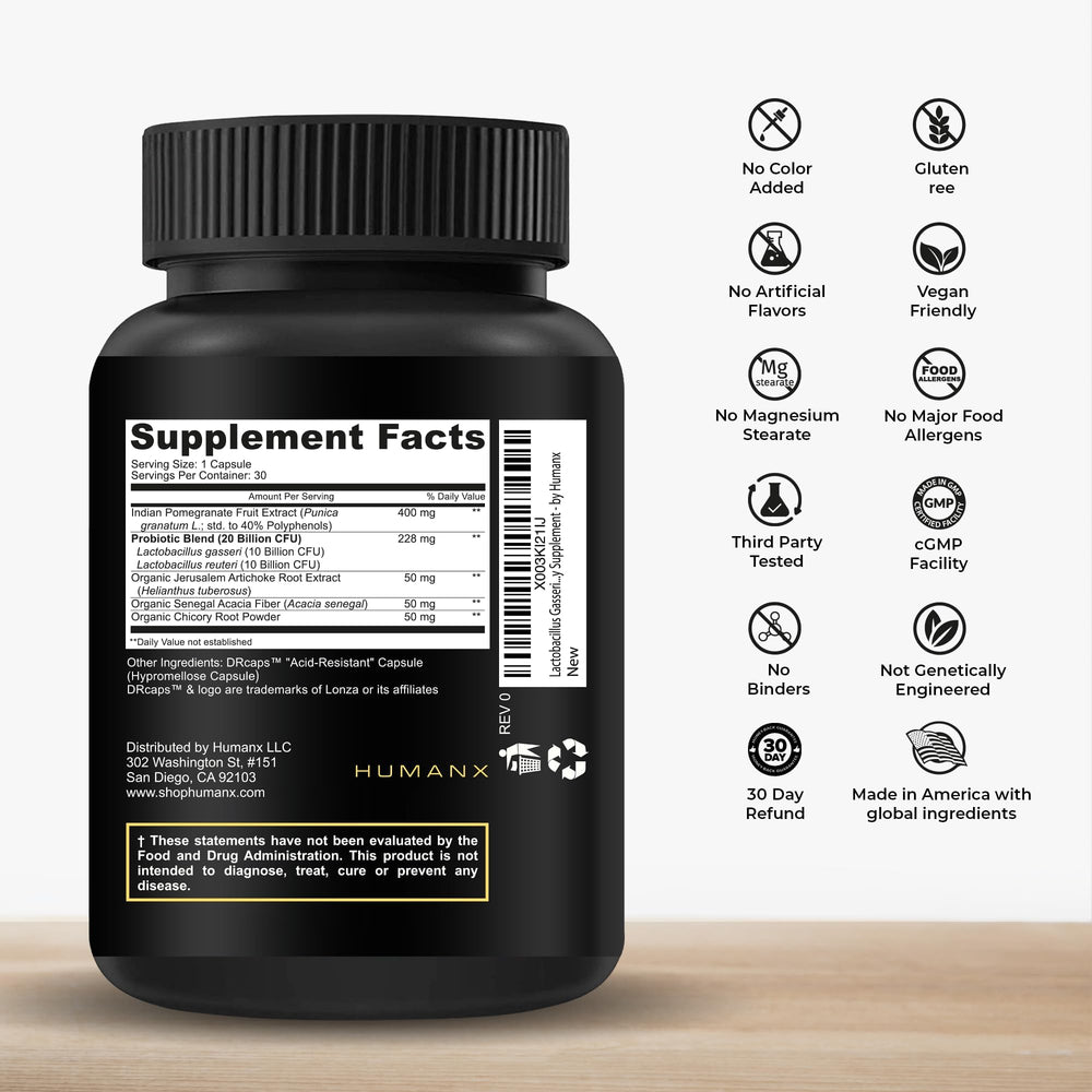 HUMANX capsules close-up shows delayed-release design for gut delivery
