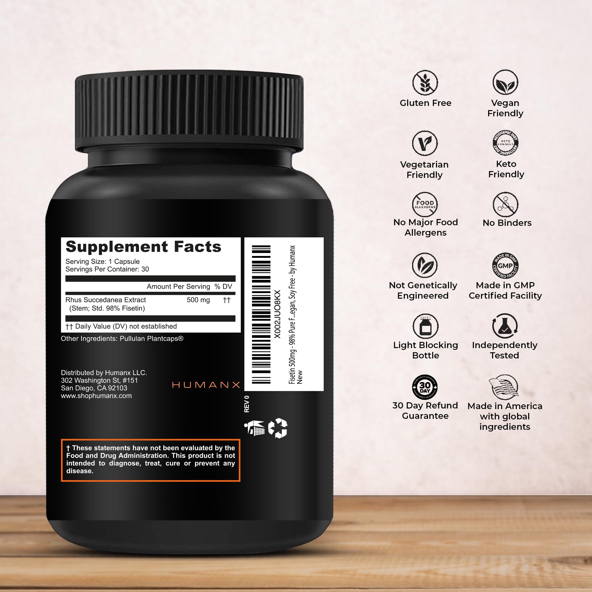 Close-up of HUMANX Fisetin capsules showing uniform 500mg dose