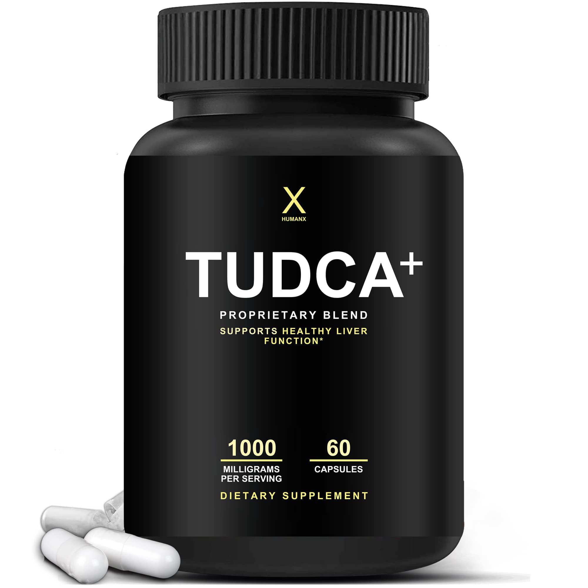 HumanX Tudca+ 1000mg capsules bottle showing easy-to-swallow daily support
