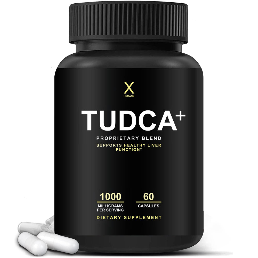 HumanX Tudca+ 1000mg capsules bottle showing easy-to-swallow daily support
