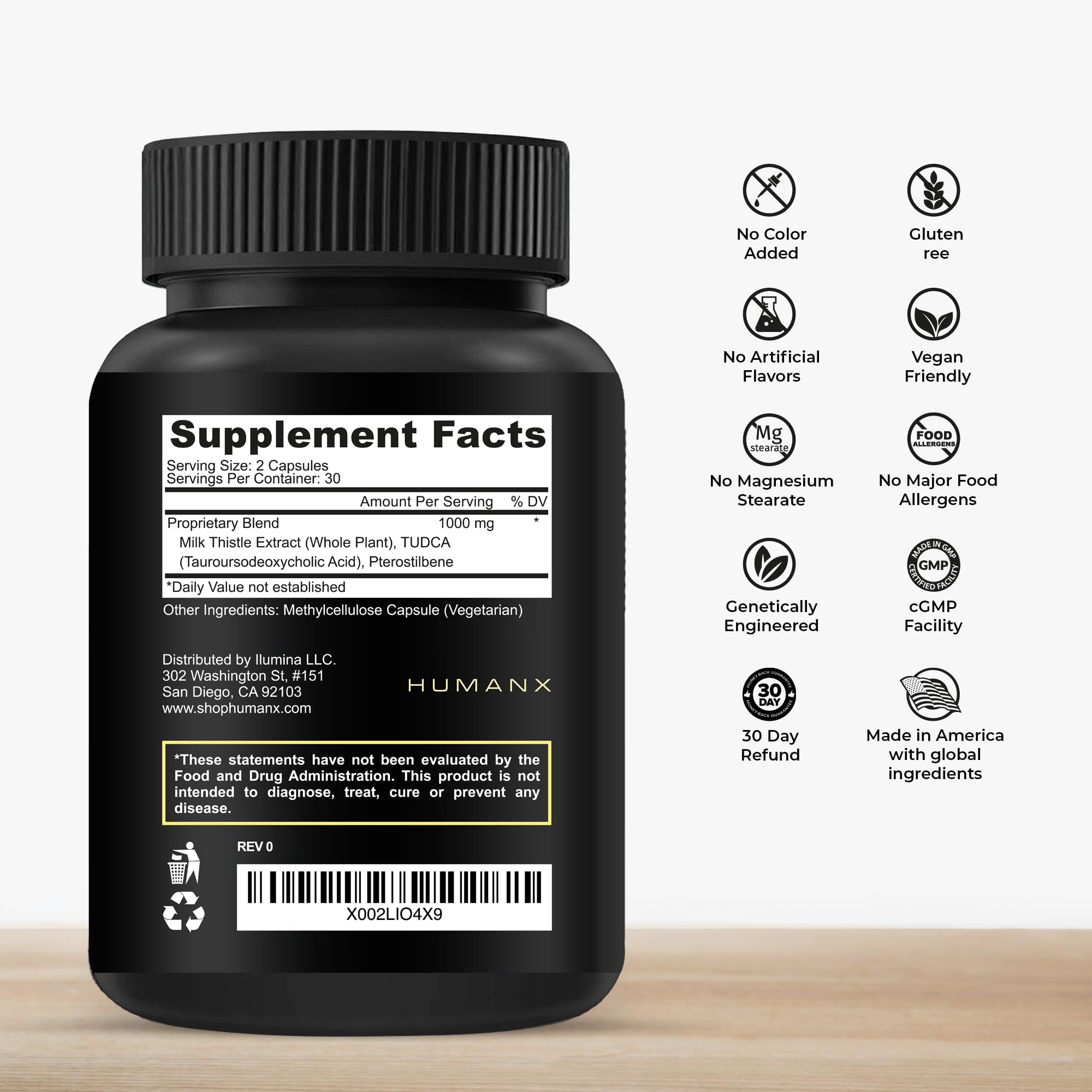 HumanX Tudca+ milk thistle blend bottle highlighting enhanced liver cell support