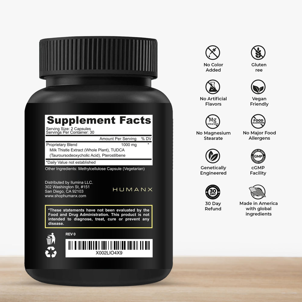 HumanX Tudca+ milk thistle blend bottle highlighting enhanced liver cell support