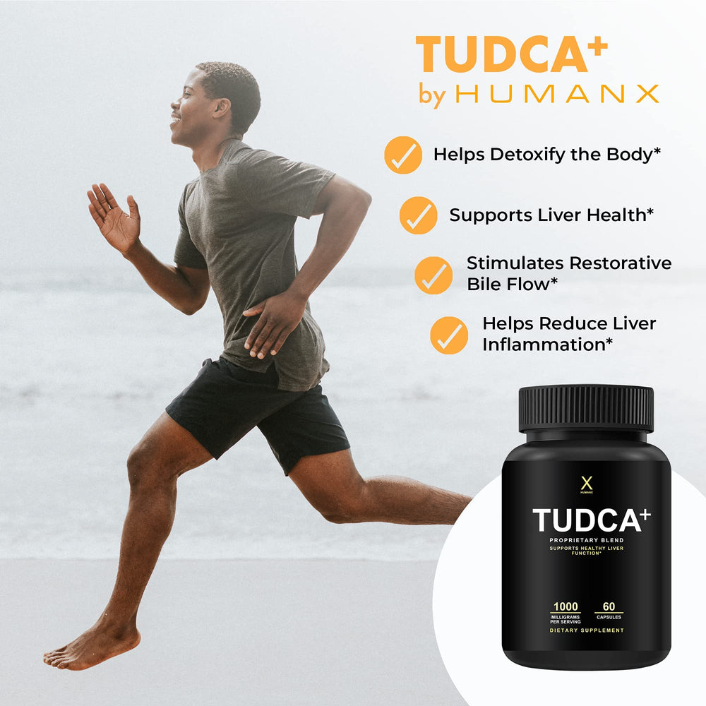 HumanX Tudca+ pterostilbene blend label emphasizing antioxidant liver support