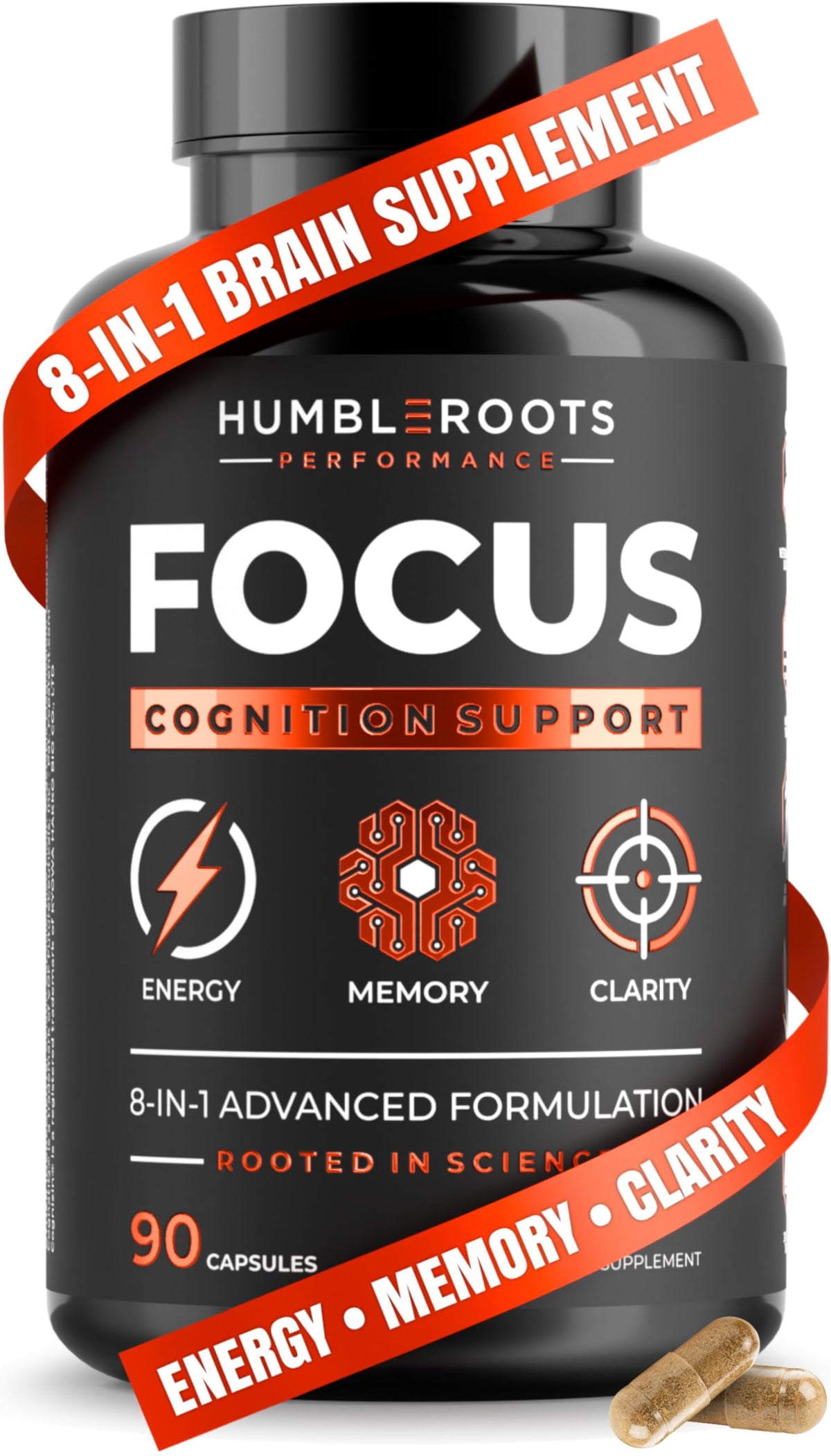 HUMBLEROOTS FOCUS bottle front showing 90 capsules for daily mental performance