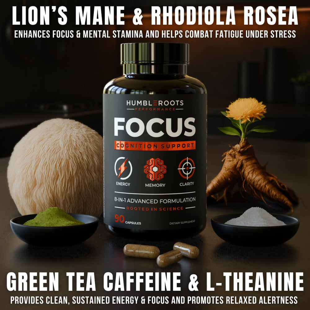 HUMBLEROOTS FOCUS capsules close-up highlighting 8-in-1 nootropics
