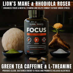 HUMBLEROOTS FOCUS capsules close-up highlighting 8-in-1 nootropics