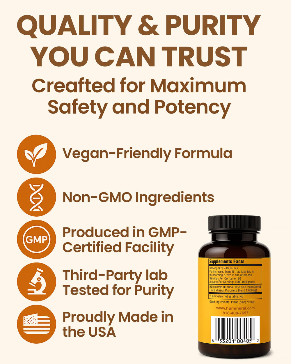 HUmineral capsules in hand illustrating dense mineral nourishment.