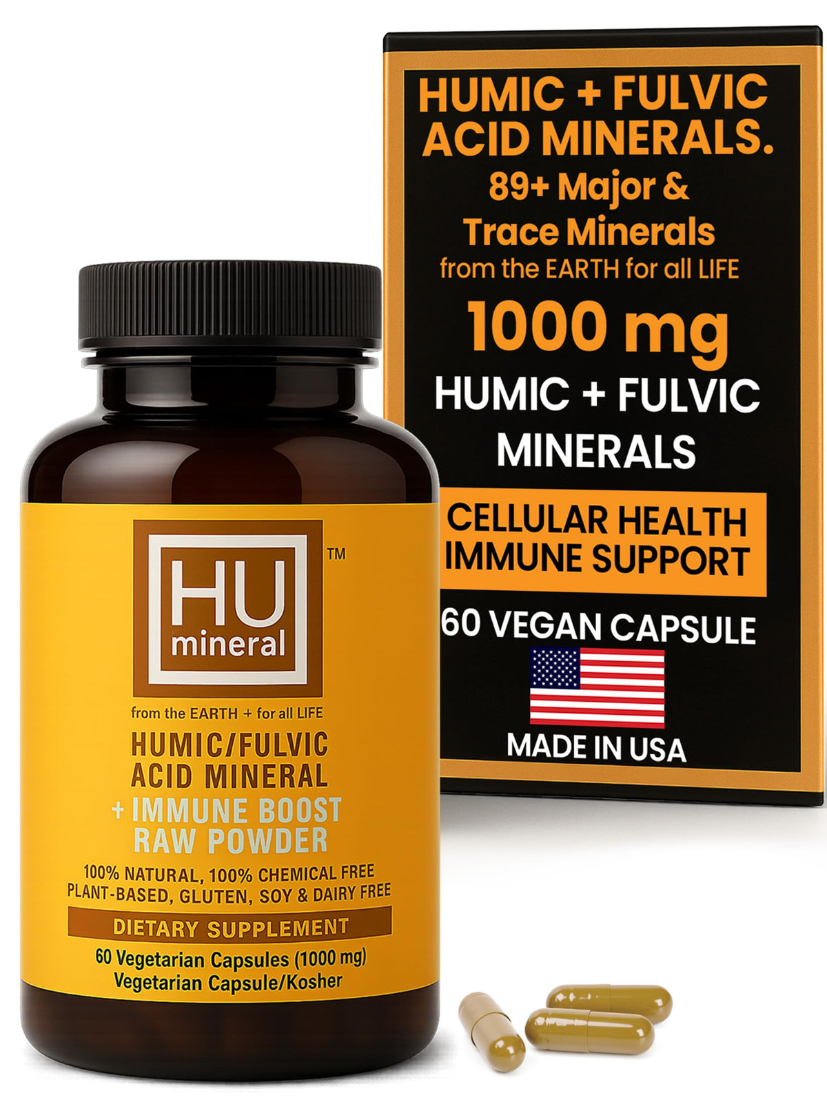 HUmineral Humic & Fulvic capsules bottle shown for detox and absorption support.