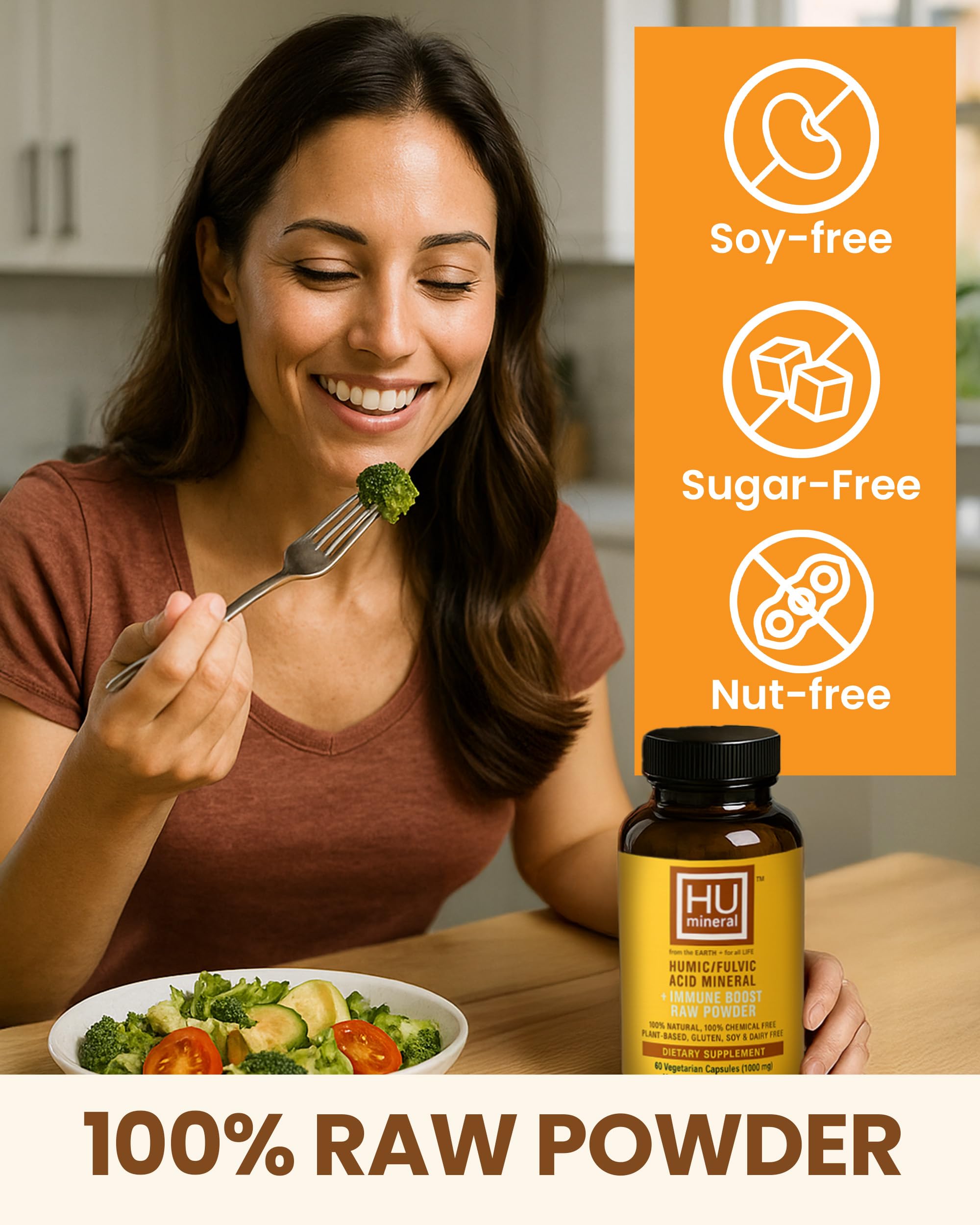 HUmineral label shows gluten-free and soy-free formulation for dietary needs.