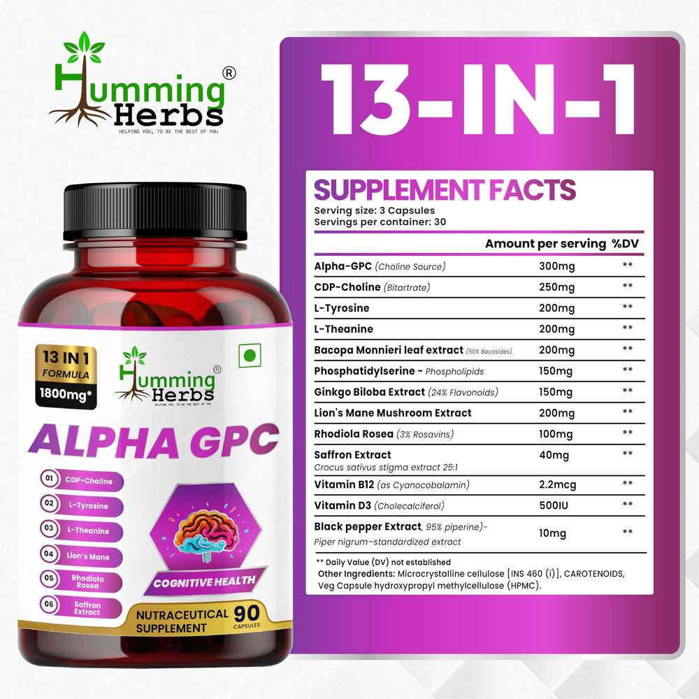 Humming Herbs Alpha GPC + CDP Choline capsules for focused study sessions.
