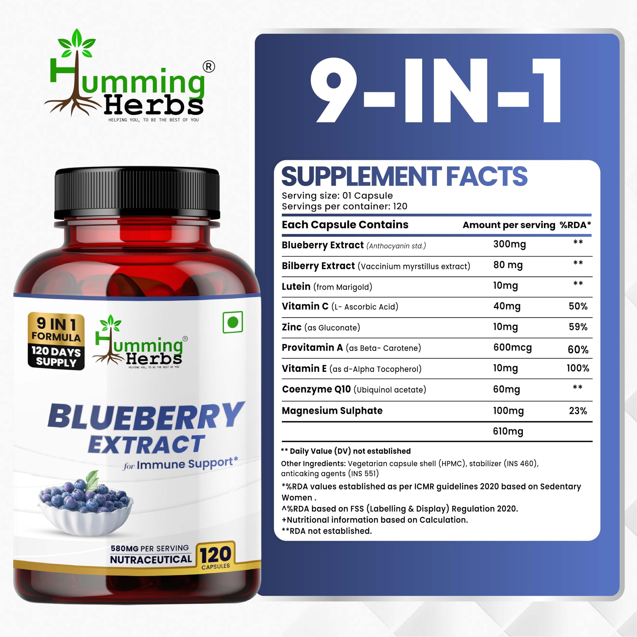 Humming Herbs Blueberry & Bilberry capsules arranged for convenient once-daily use.