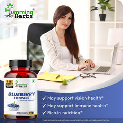 Humming Herbs blueberries and bilberries visual paired with extract capsules for antioxidants.