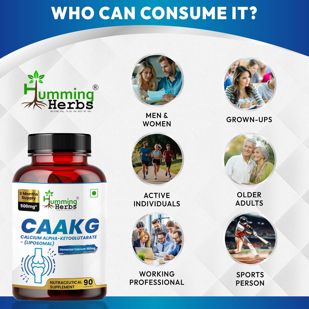 Raw ingredient imagery highlighting Humming Herbs CAAKG nutrient metabolism support