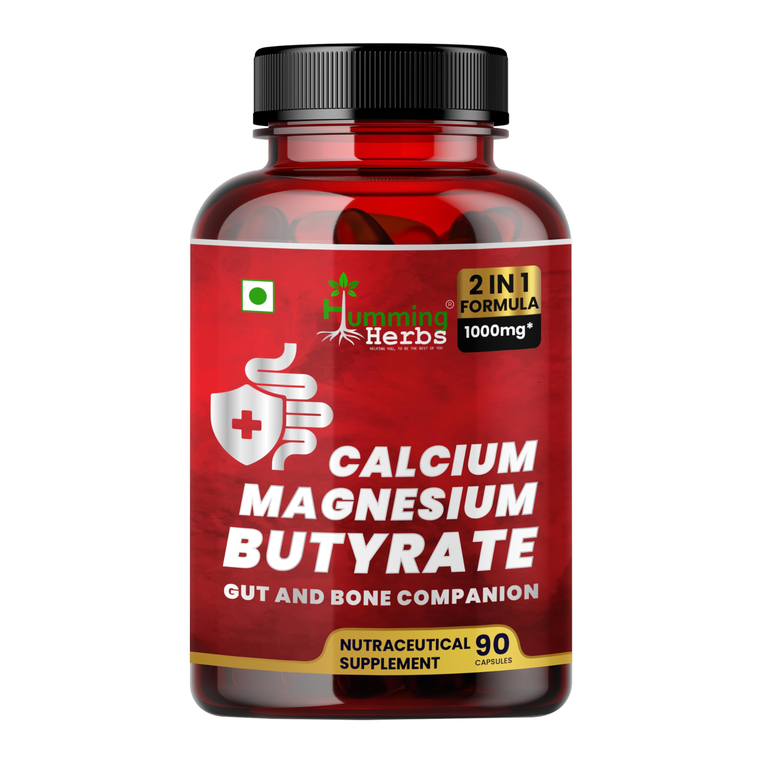 Humming Herbs calcium magnesium butyrate bottle with label for gut and bone support.