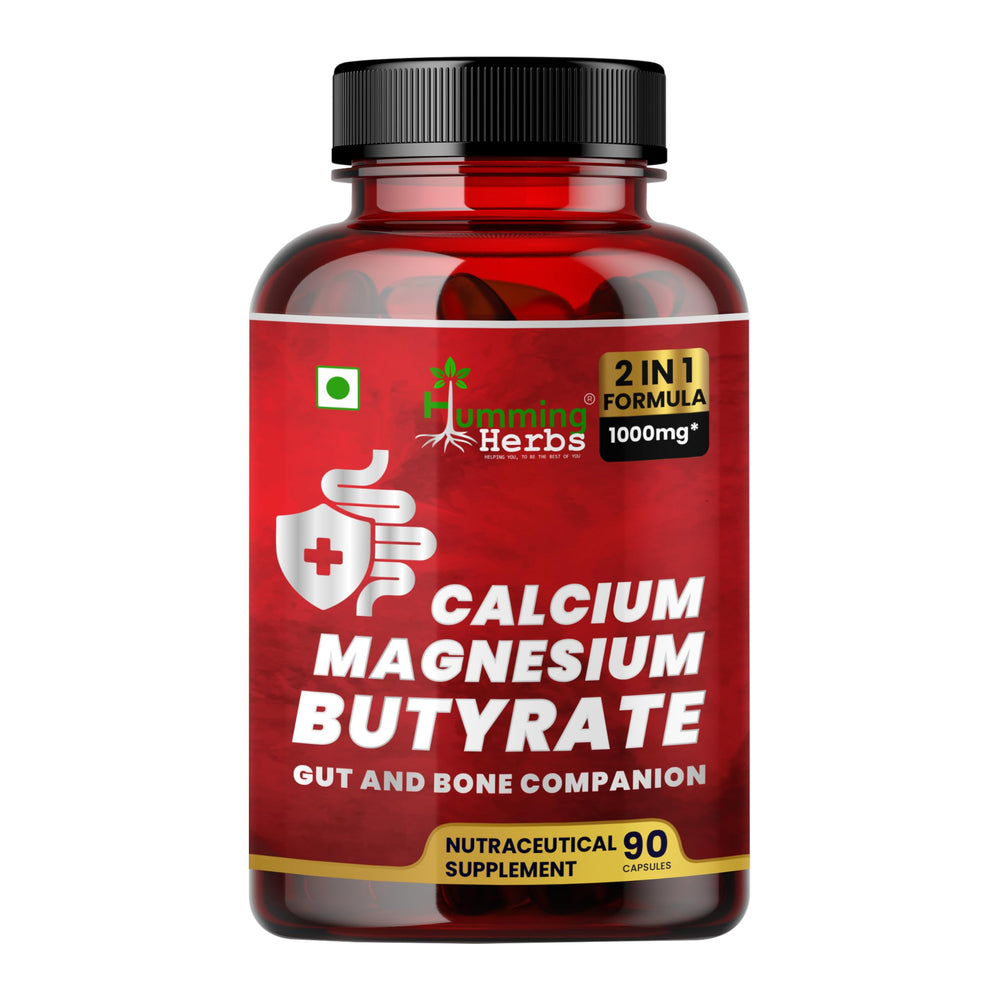 Humming Herbs calcium magnesium butyrate bottle with label for gut and bone support.
