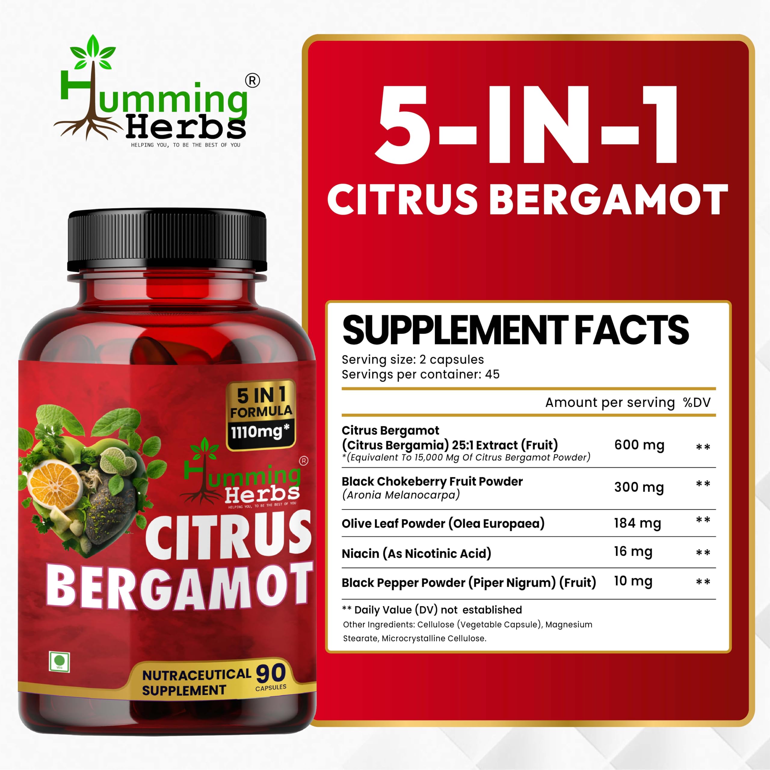 Humming Herbs Citrus Bergamot bottle label with ingredients and serving size.