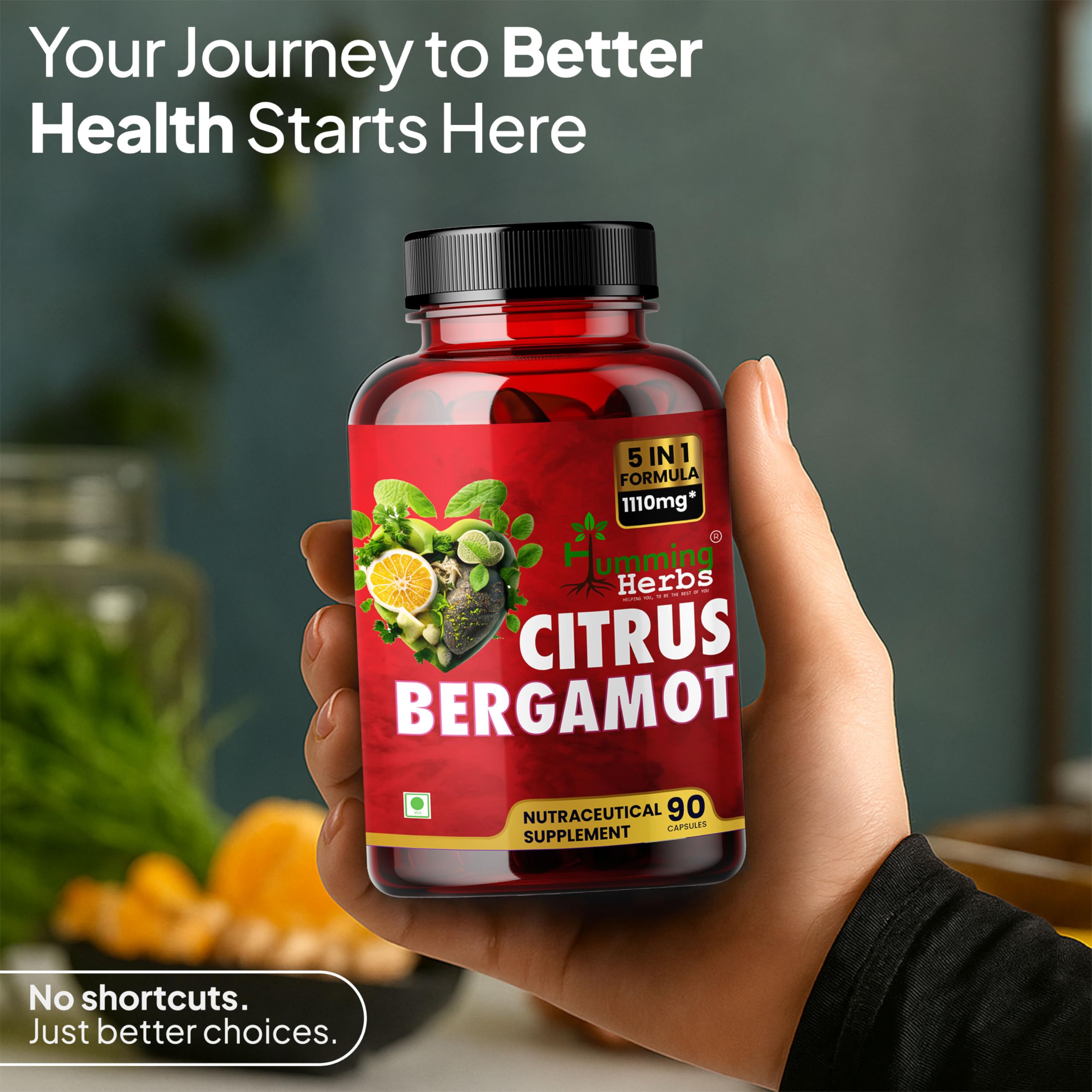 Humming Herbs Citrus Bergamot capsules close-up, vegan formula for everyday vitality.