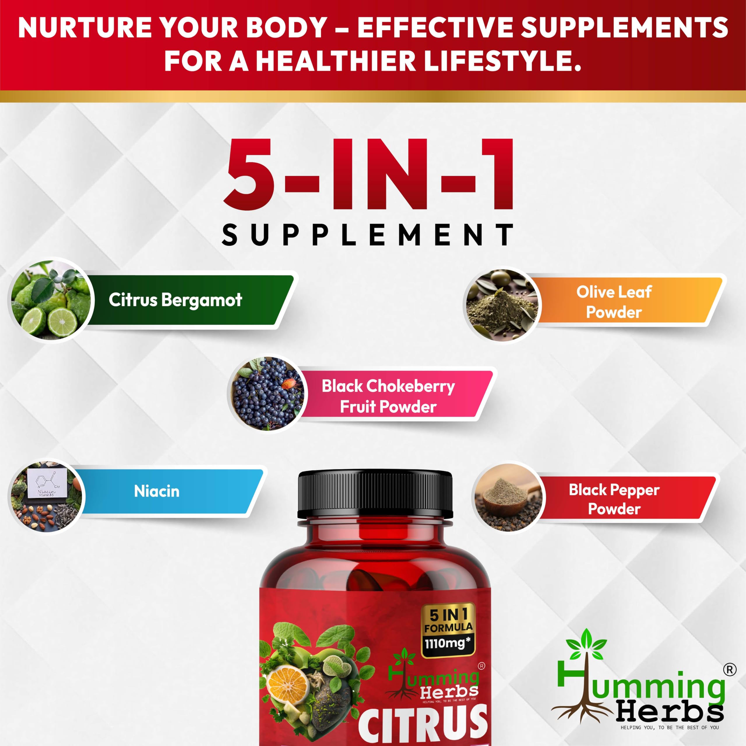 Pouring Humming Herbs Citrus Bergamot capsules for easy on-the-go use.