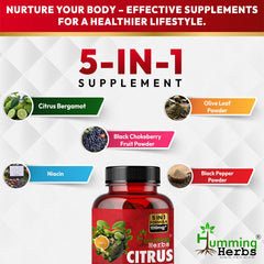Pouring Humming Herbs Citrus Bergamot capsules for easy on-the-go use.
