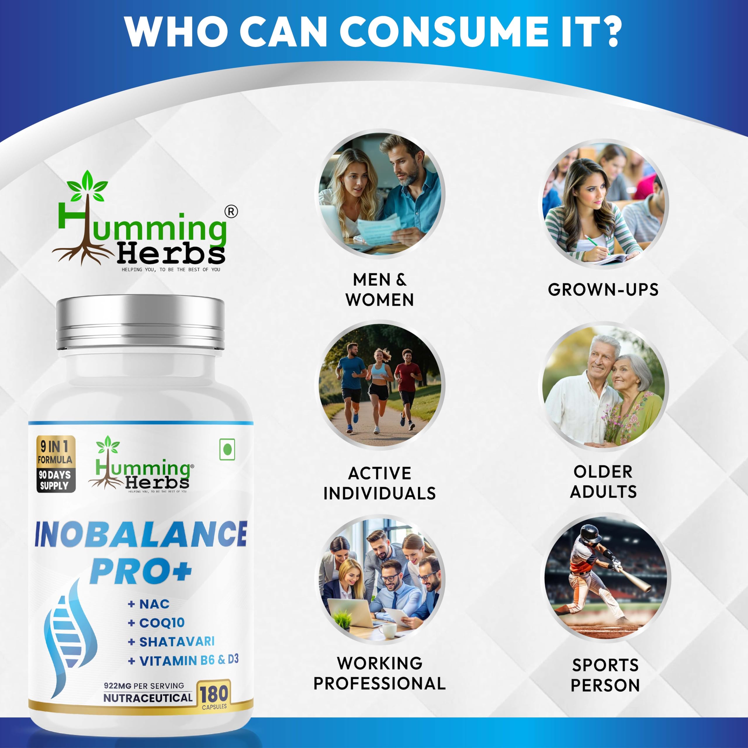 Humming Herbs Inobalance Pro+ capsules in hand illustrate portable daily capsules