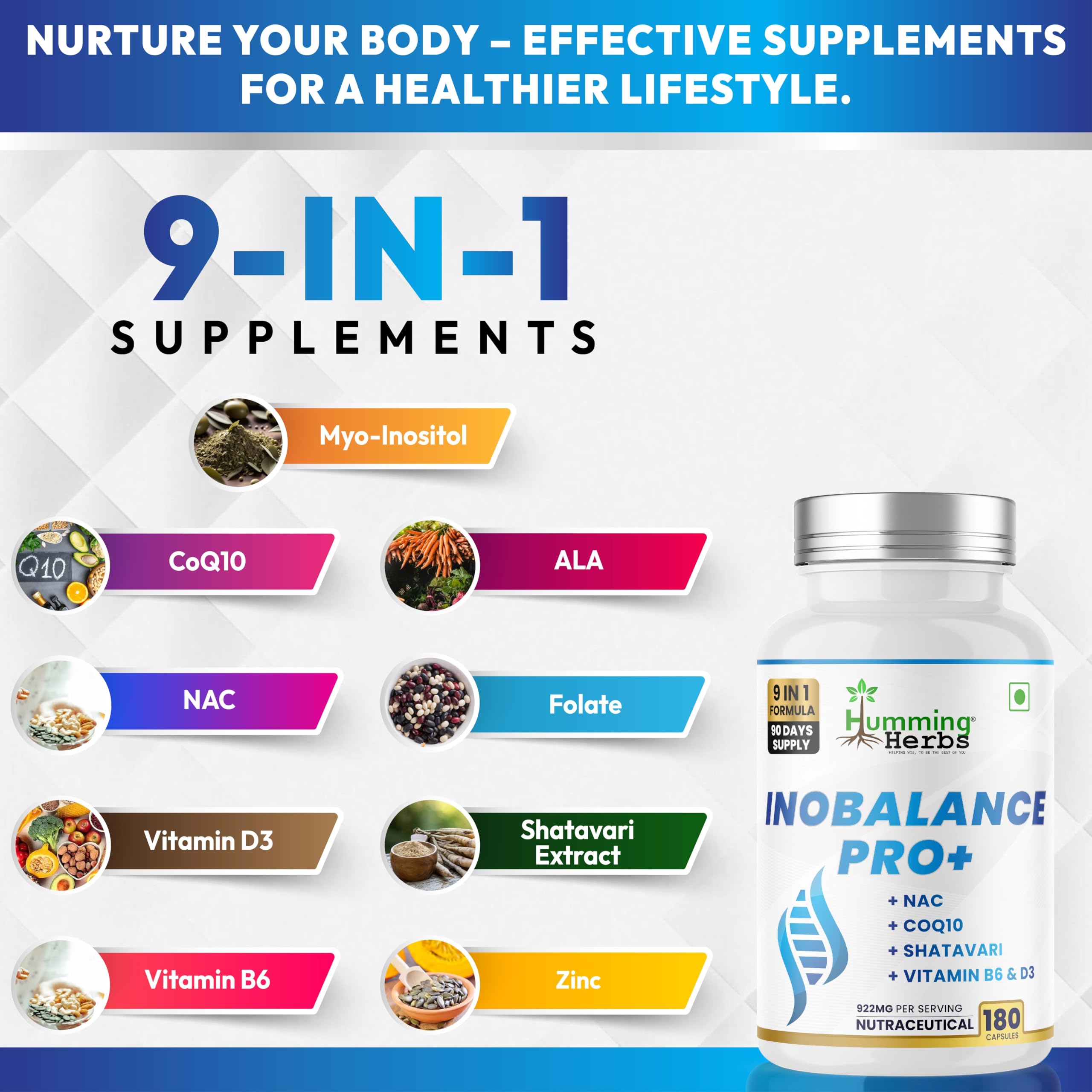 Humming Herbs Inobalance Pro+ ingredients blend emphasizes myo-inositol and NAC