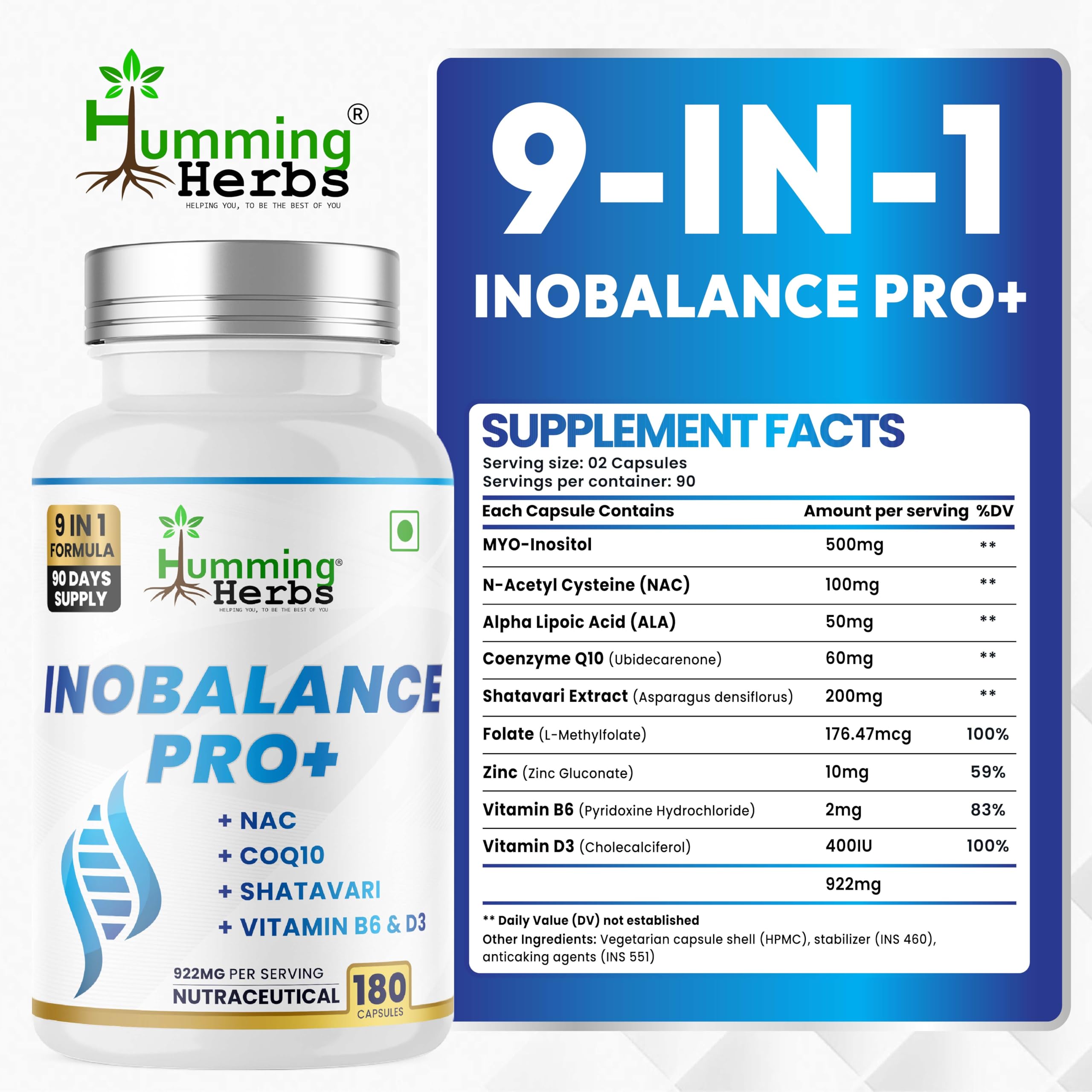 Humming Herbs Inobalance Pro+ label view with key ingredients highlighted