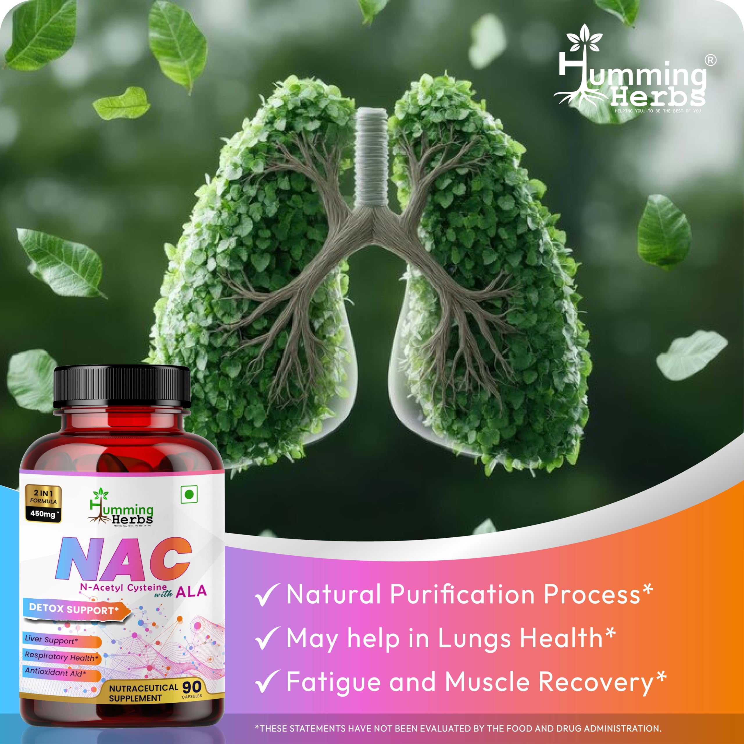 Humming Herbs NAC 450mg Alpha Lipoic Acid detail highlighting 2‑in‑1 formula