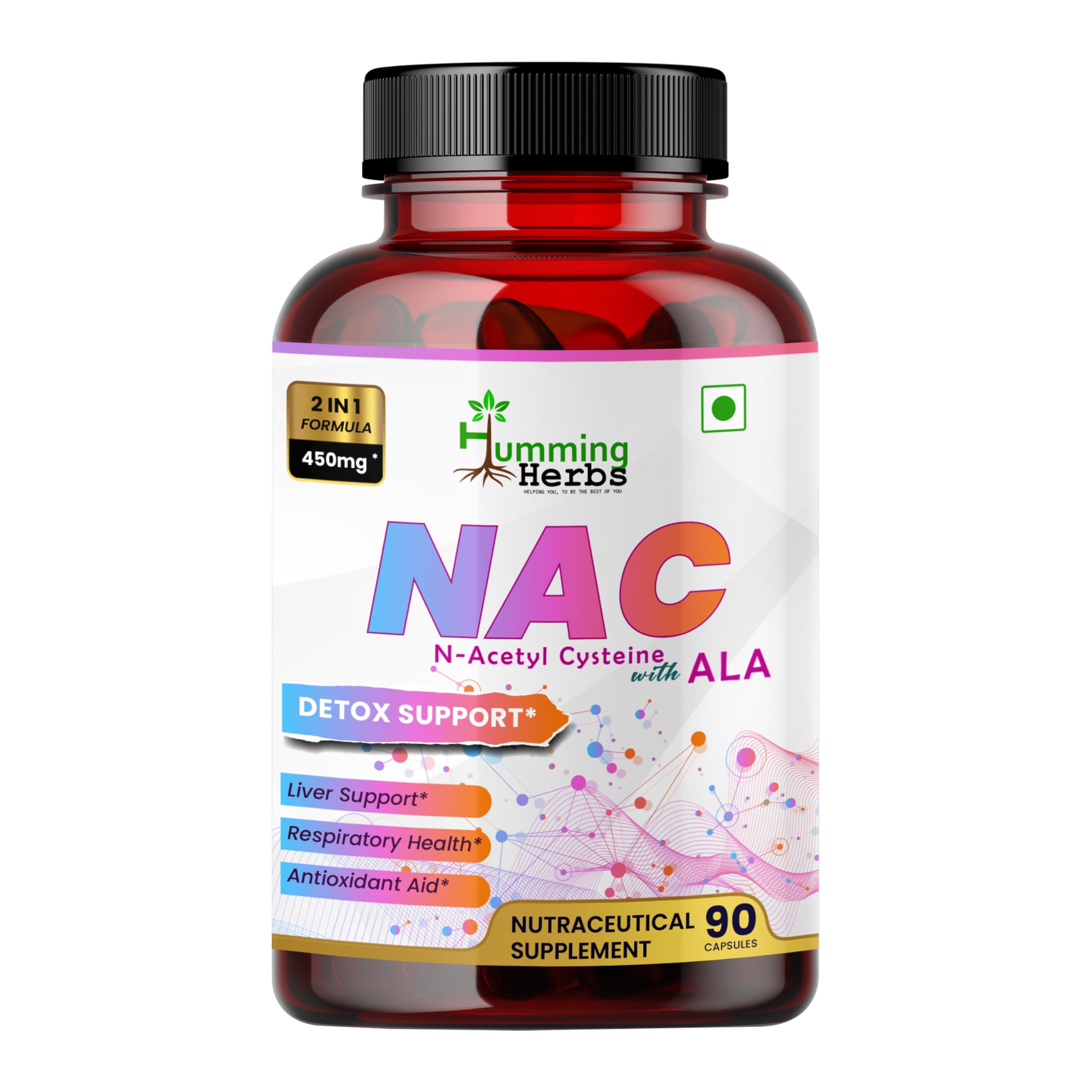 Humming Herbs NAC 450mg bottle front view showing clean packaging for trust